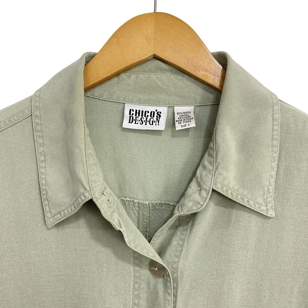 Chico's Design Jacket Womens 3 Green Tencel Linen Button Utility Shirt Top XL - Picture 3 of 12